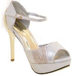 Women's Silver Shimmer Rhinestone Evening Peep Toe Platform Sandal Formal Heels